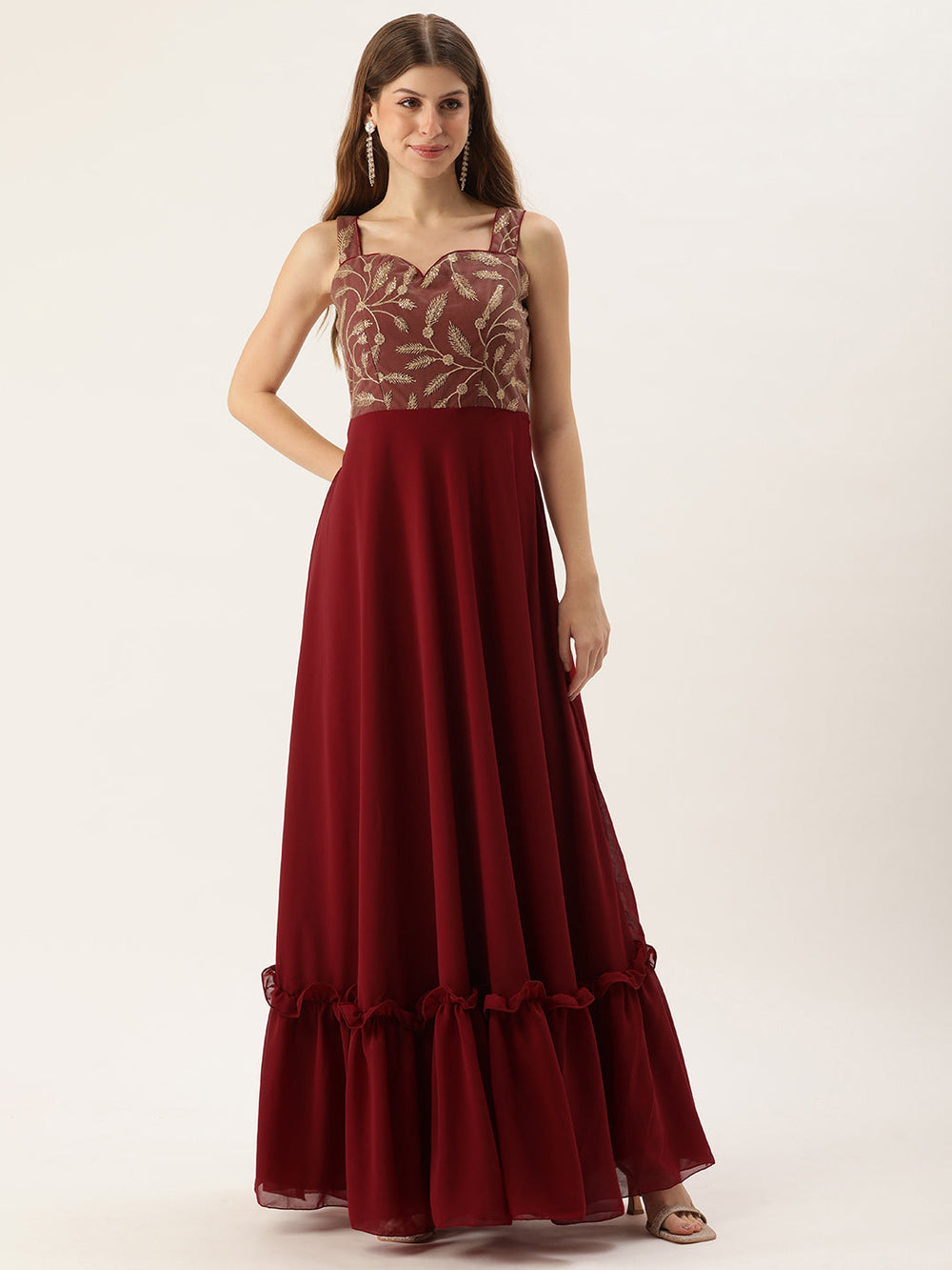 Beige-&-Maroon-Net-Georgette-Embroidered-Gown