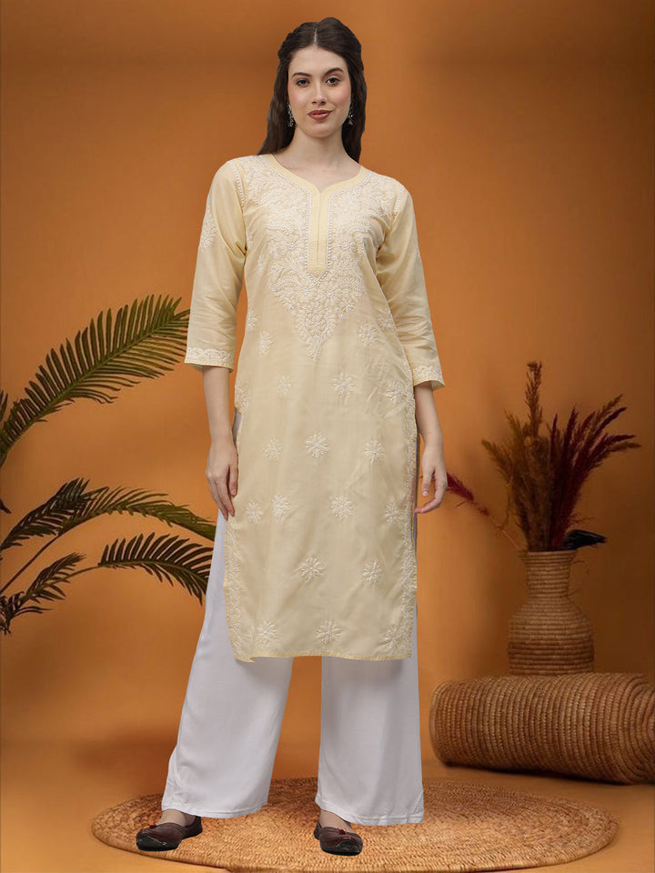 Beige-&-White-Cotton-Embroidered-Chikankari-Kurta