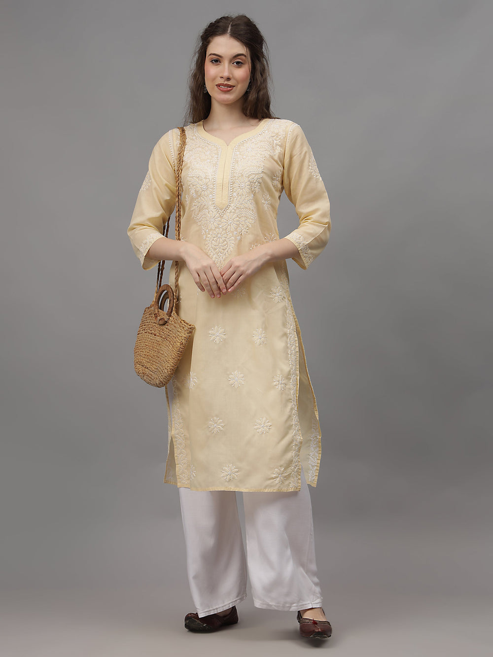 Beige-&-White-Cotton-Embroidered-Chikankari-Kurta