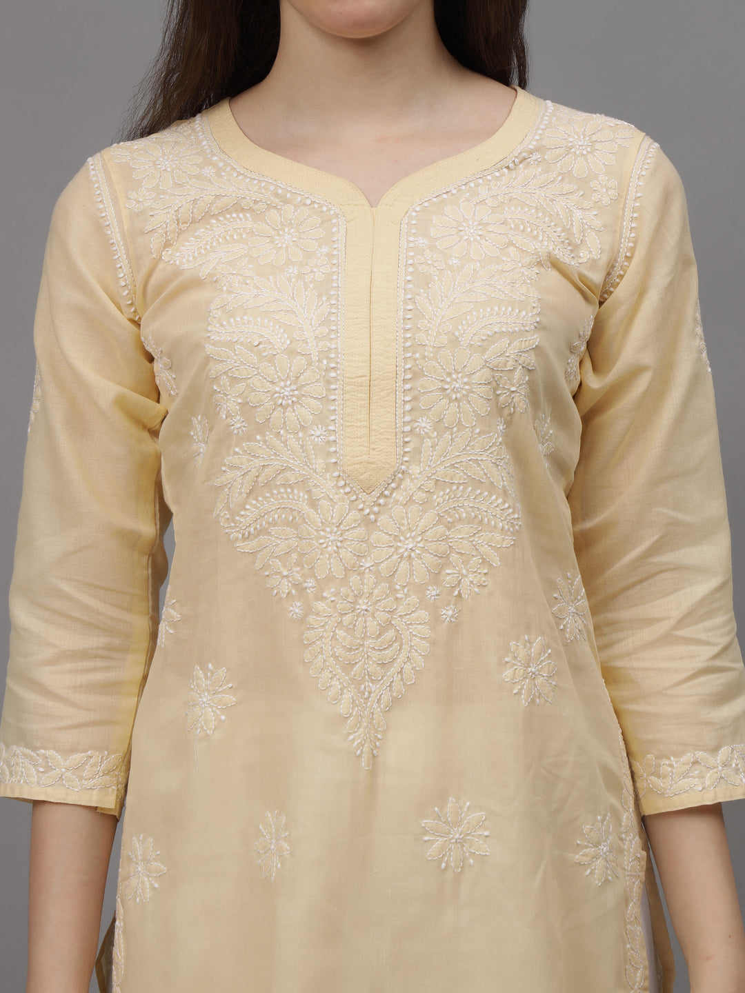 Beige-&-White-Cotton-Embroidered-Chikankari-Kurta