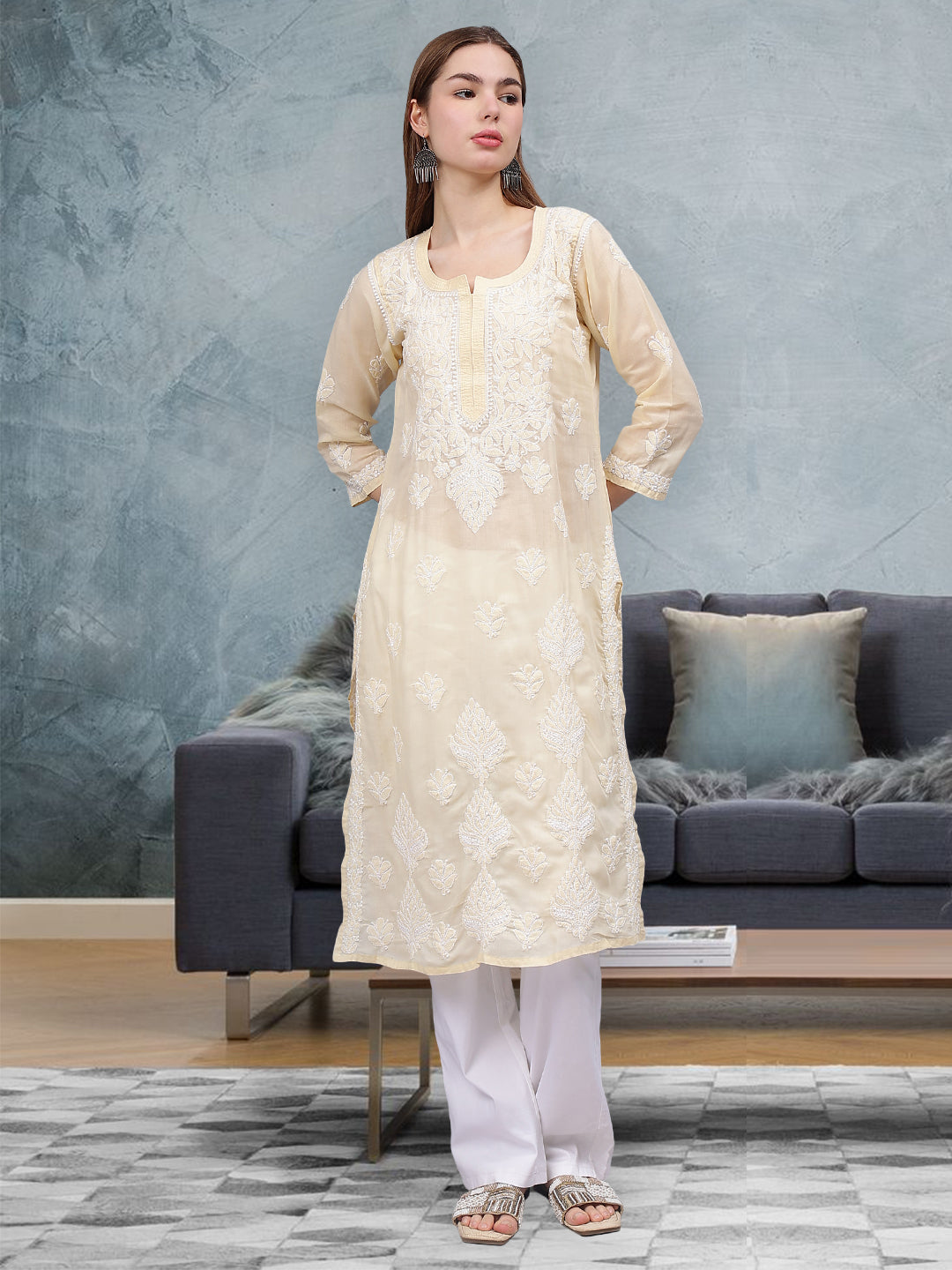 Beige-&-White-Cotton-Embroidered-Chikankari-Kurti