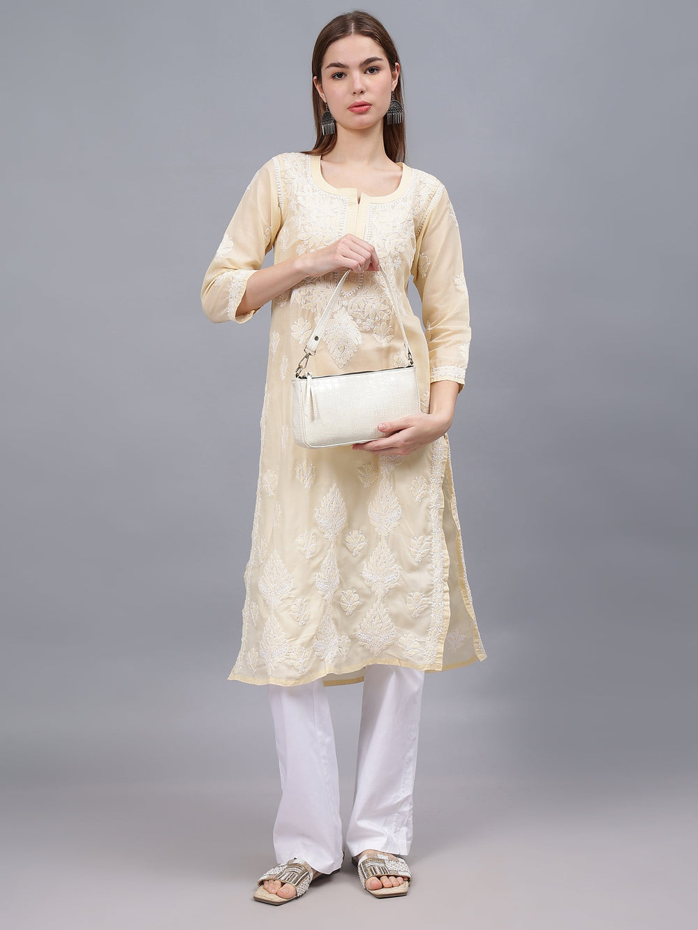 Beige-&-White-Cotton-Embroidered-Chikankari-Kurti