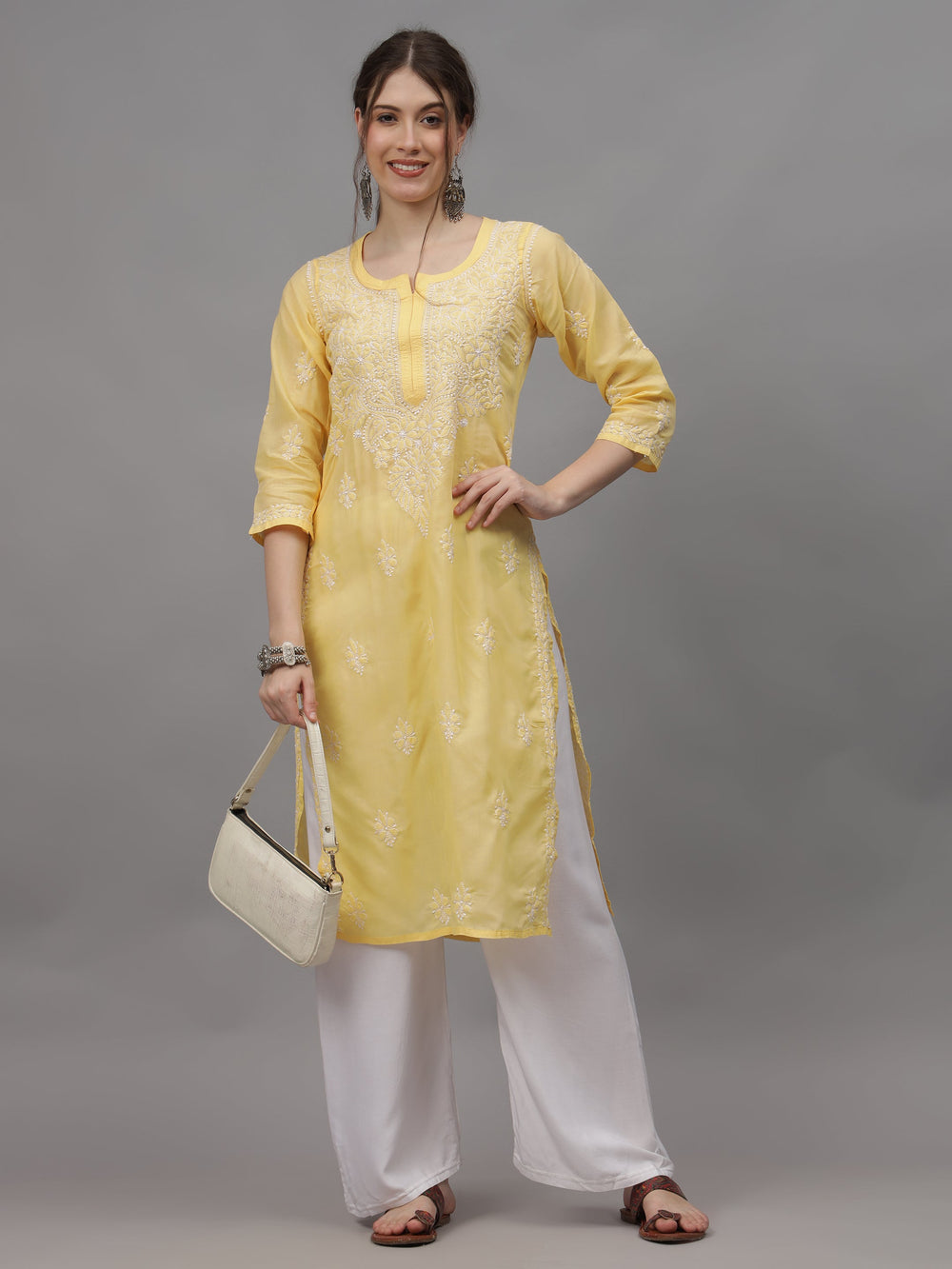 Beige-&-White-Cotton-Embroidery-Chikankari-Kurti