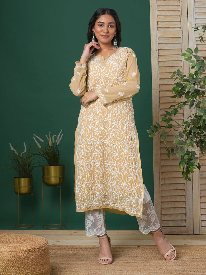 Beige & White Handloom Chikankari Kurta with Slip