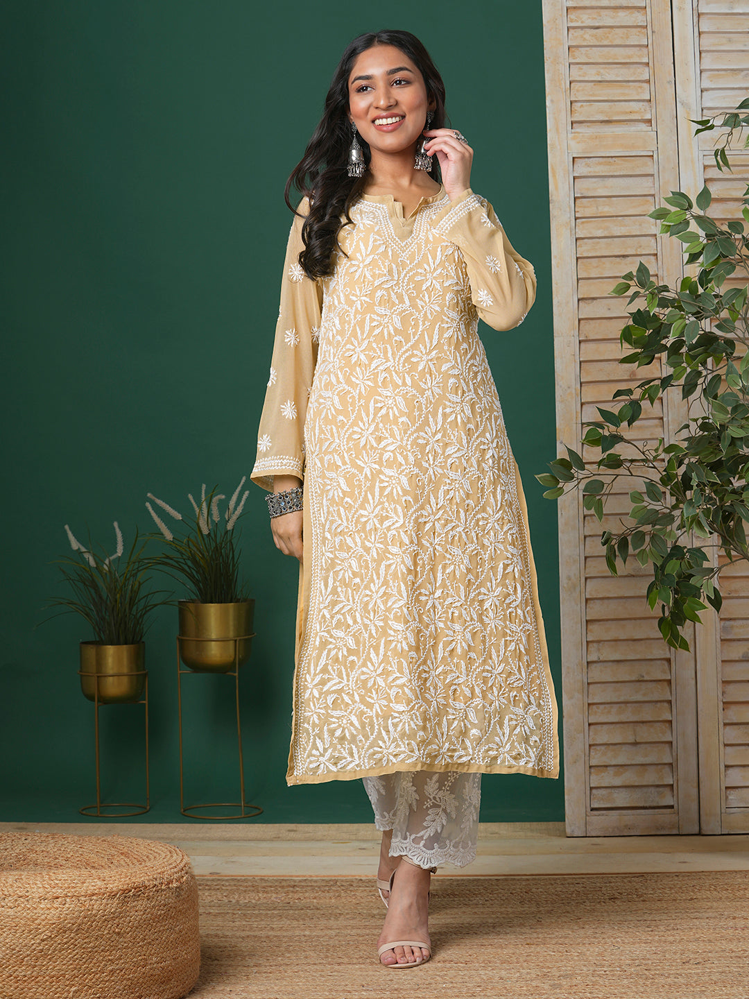 Beige & White Handloom Chikankari Kurta with Slip