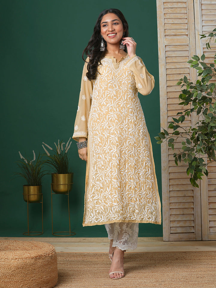 Beige & White Handloom Chikankari Kurta with Slip