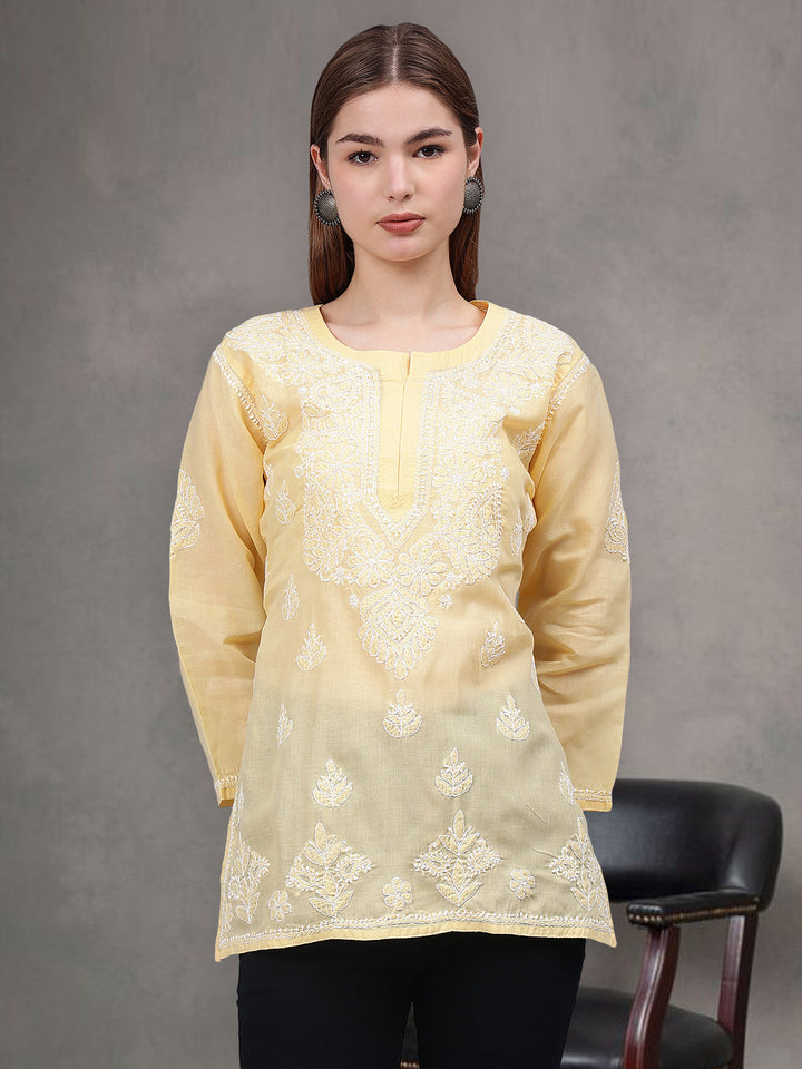 Beige-&-White-Terivoil-Cotton-Embroidered-Chikankari-Tunic