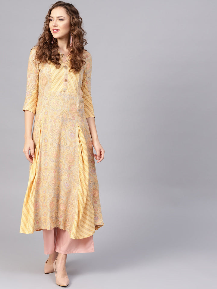 Beige-&-Yellow-Viscose-Rayon-A-Line-Kurta