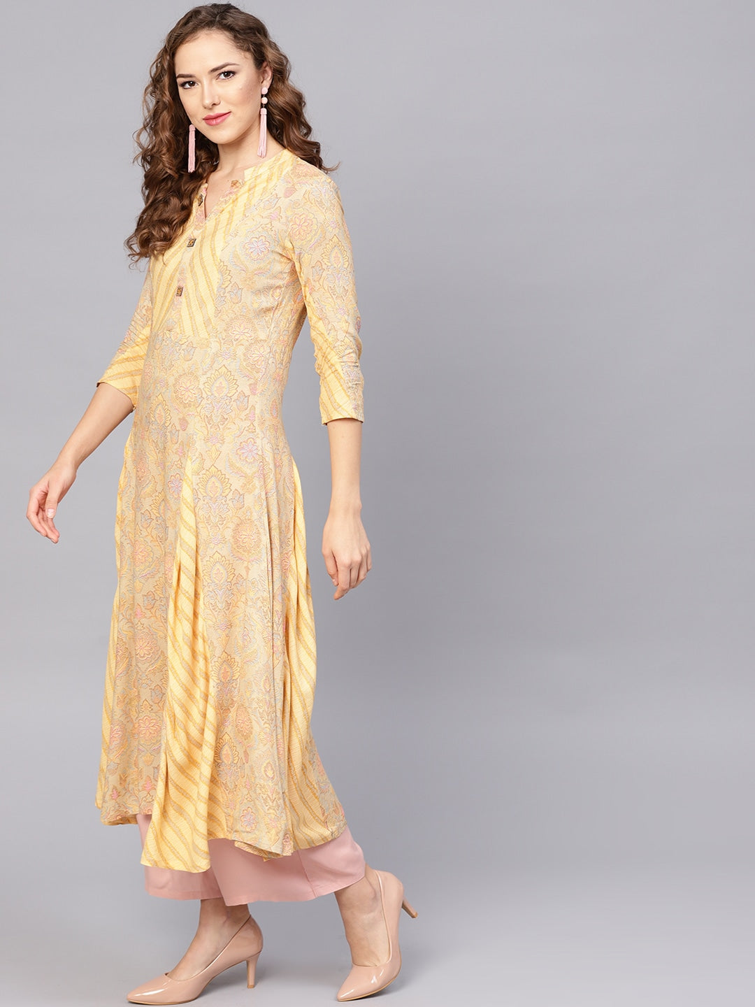 Beige-&-Yellow-Viscose-Rayon-A-Line-Kurta