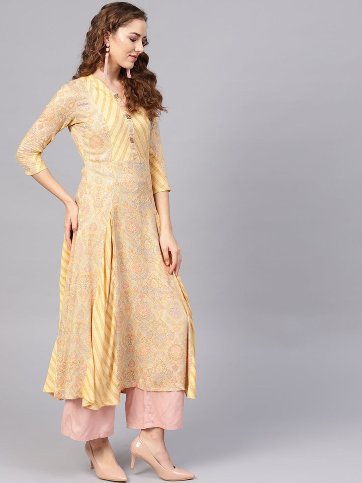 Beige-&-Yellow-Viscose-Rayon-A-Line-Kurta