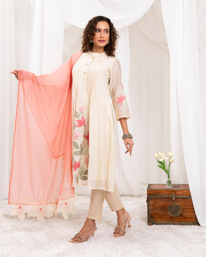Beige-Chanderi-Mandarin-Collar-A-Line-3-Piece-Kurta-Set