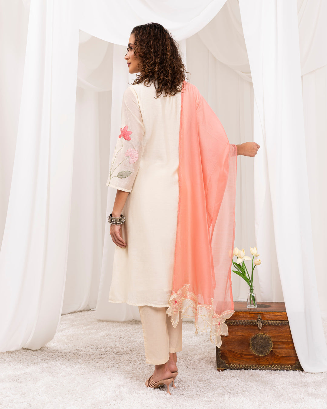 Beige-Chanderi-Mandarin-Collar-A-Line-3-Piece-Kurta-Set