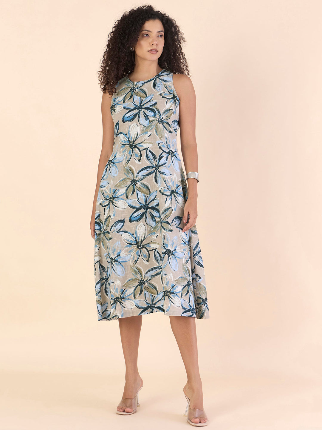 Blue-&-Beige-Cotton-Blend-Halter-Neck-Fit-&-Flare-Midi-Dress
