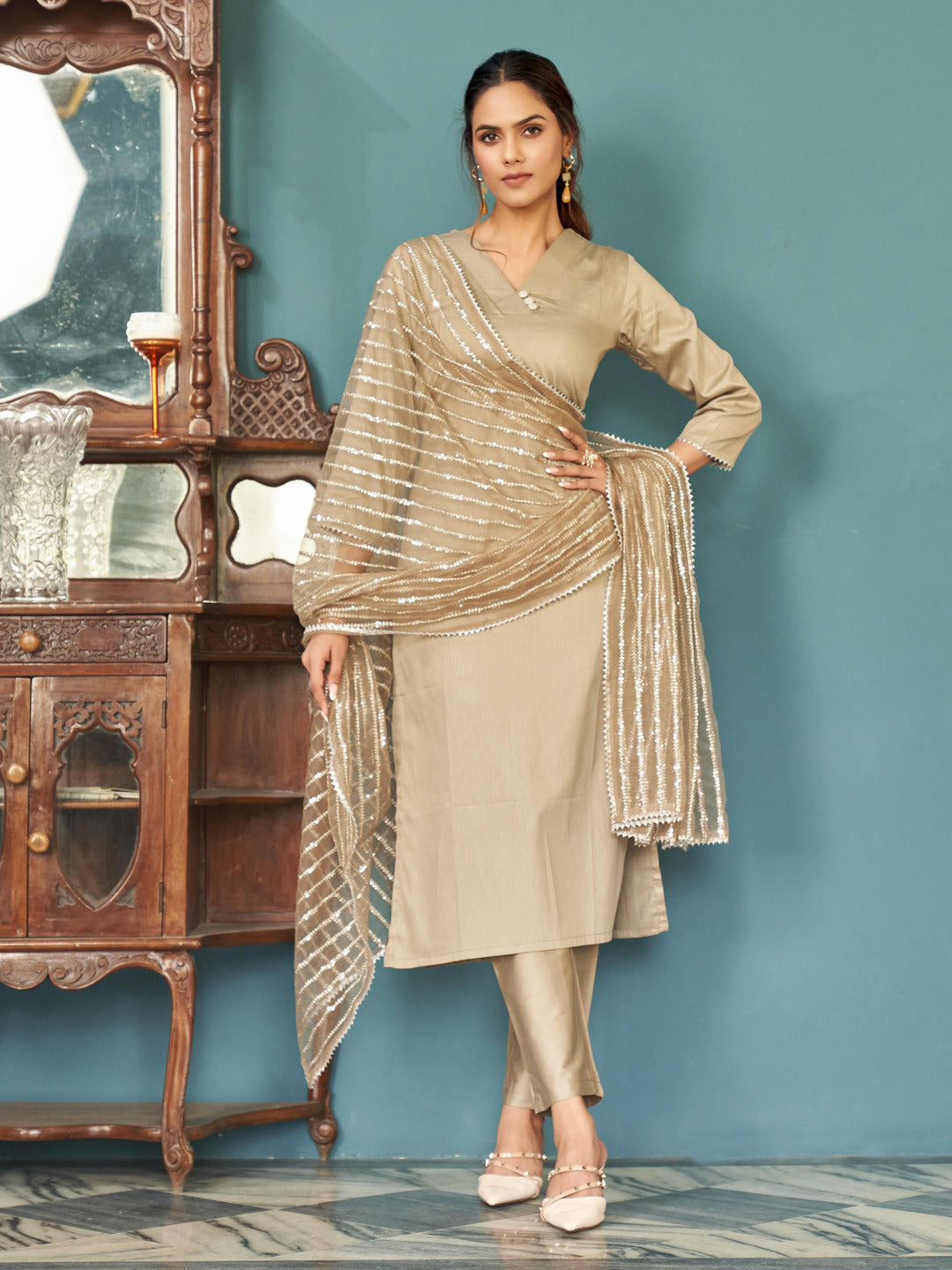 Beige-Cotton-Kurta-With-Pant-&-Dupatta