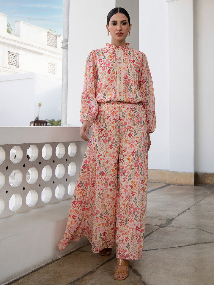 Beige Georgette Floral Print Flare Co-Ord Set