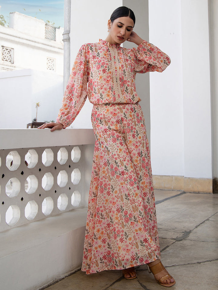 Beige Georgette Floral Print Flare Co-Ord Set