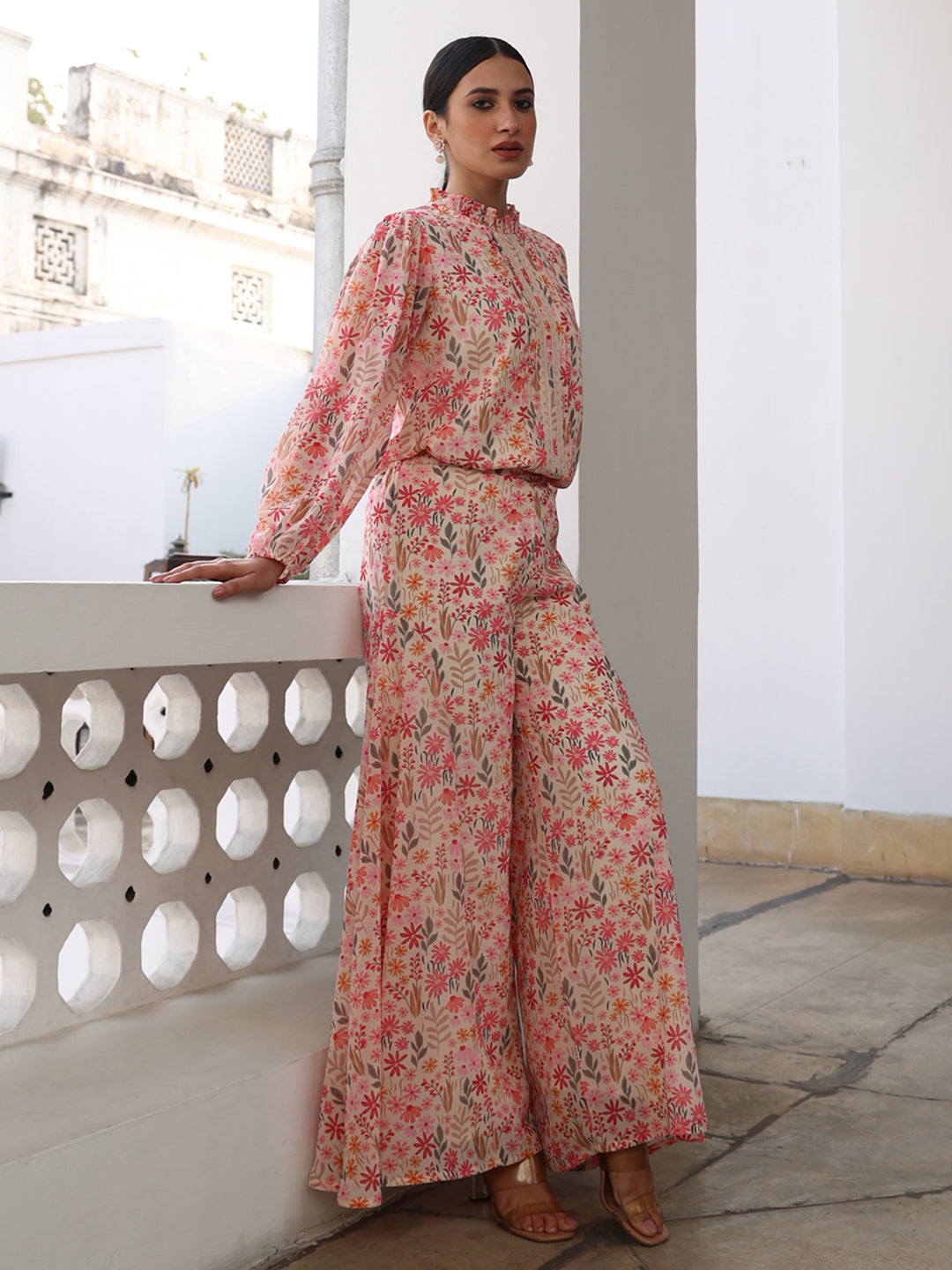 Beige Georgette Floral Print Flare Co-Ord Set