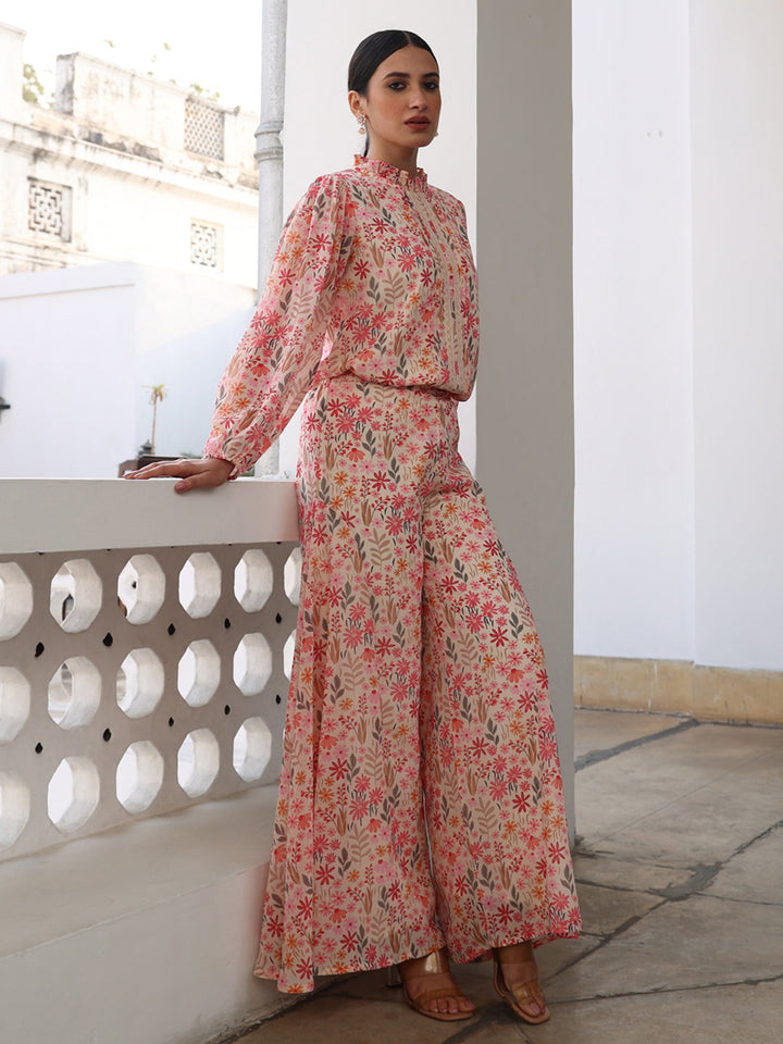 Beige Georgette Floral Print Flare Co-Ord Set