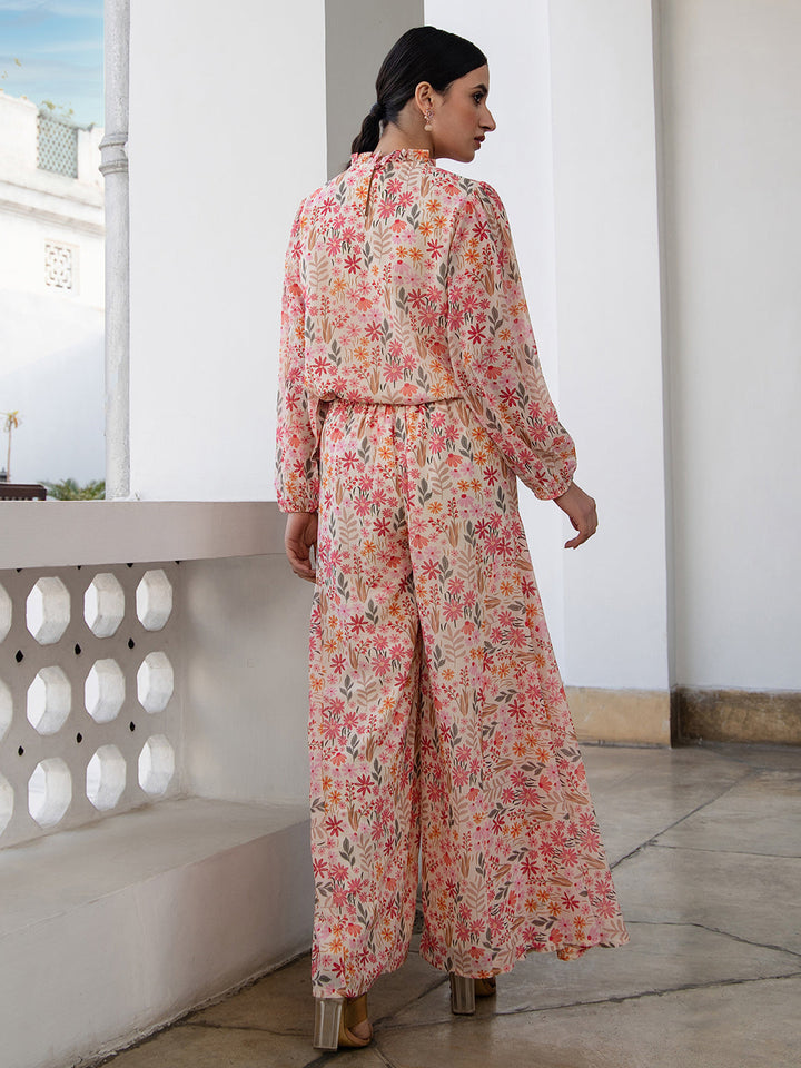 Beige Georgette Floral Print Flare Co-Ord Set