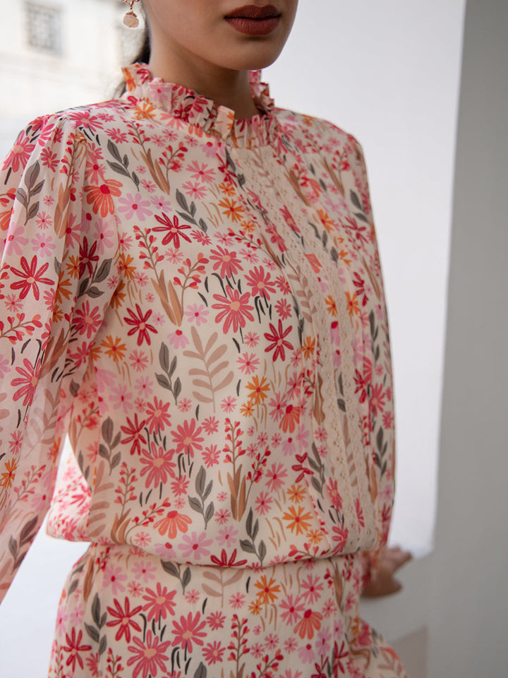 Beige Georgette Floral Print Flare Co-Ord Set