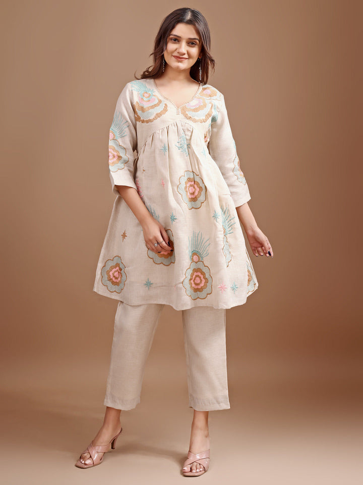 Beige-Linen-Embroidered-Flared-Co-Ord-Set