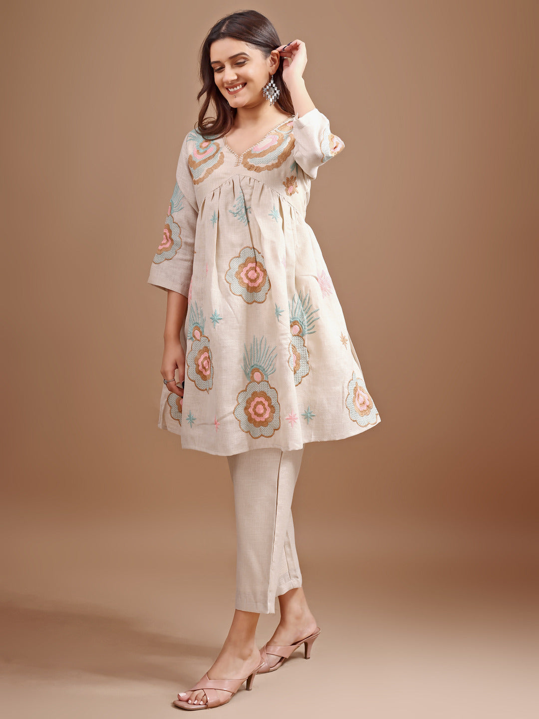 Beige-Linen-Embroidered-Flared-Co-Ord-Set