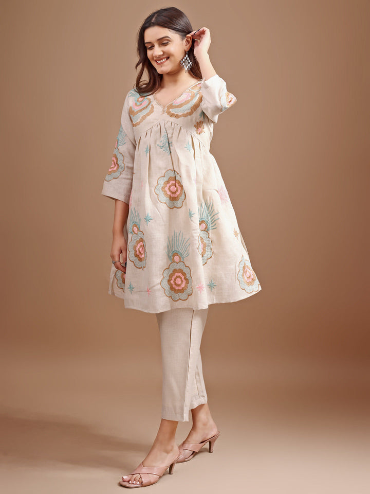 Beige-Linen-Embroidered-Flared-Co-Ord-Set
