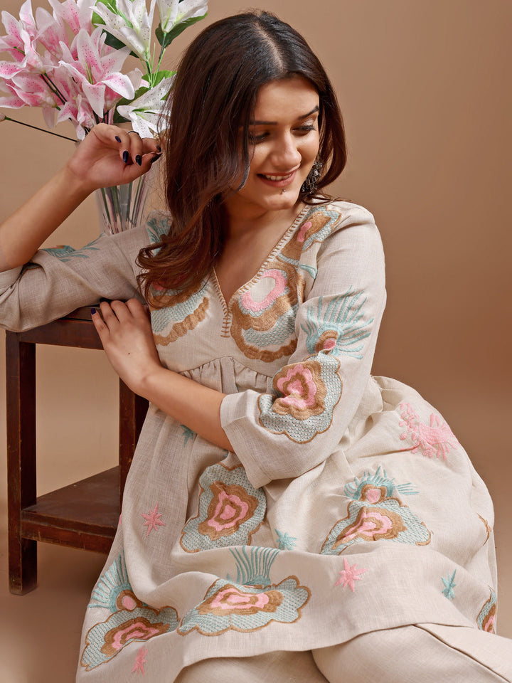 Beige-Linen-Embroidered-Flared-Co-Ord-Set