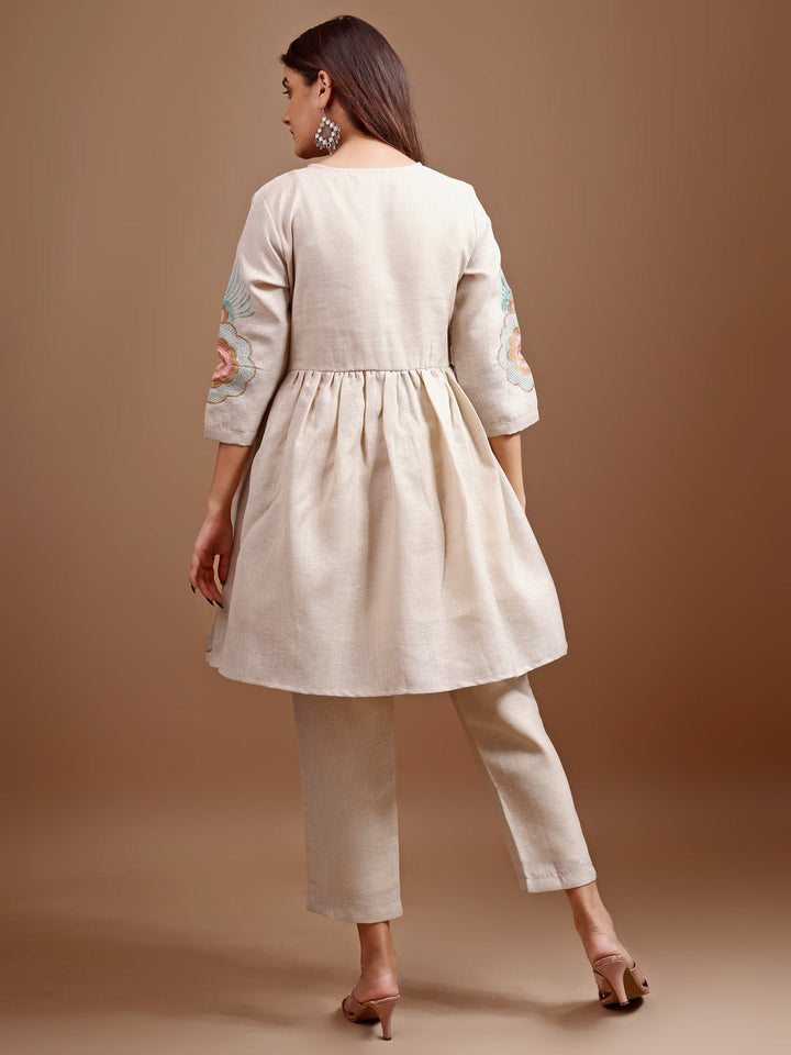 Beige-Linen-Embroidered-Flared-Co-Ord-Set
