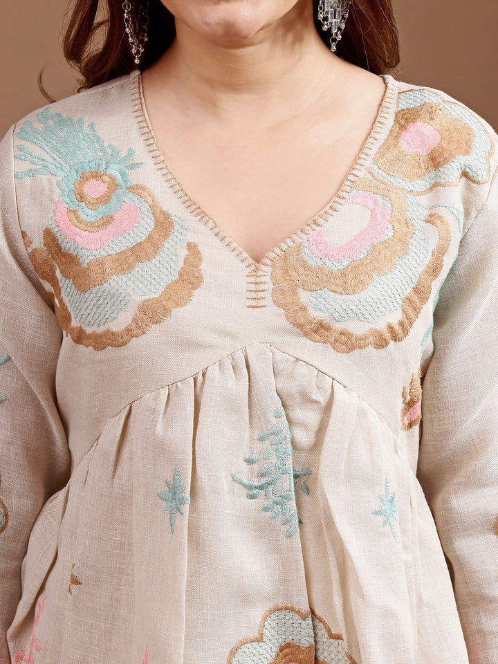 Beige-Linen-Embroidered-Flared-Co-Ord-Set