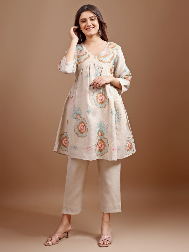 Beige-Linen-Embroidered-Flared-Co-Ord-Set