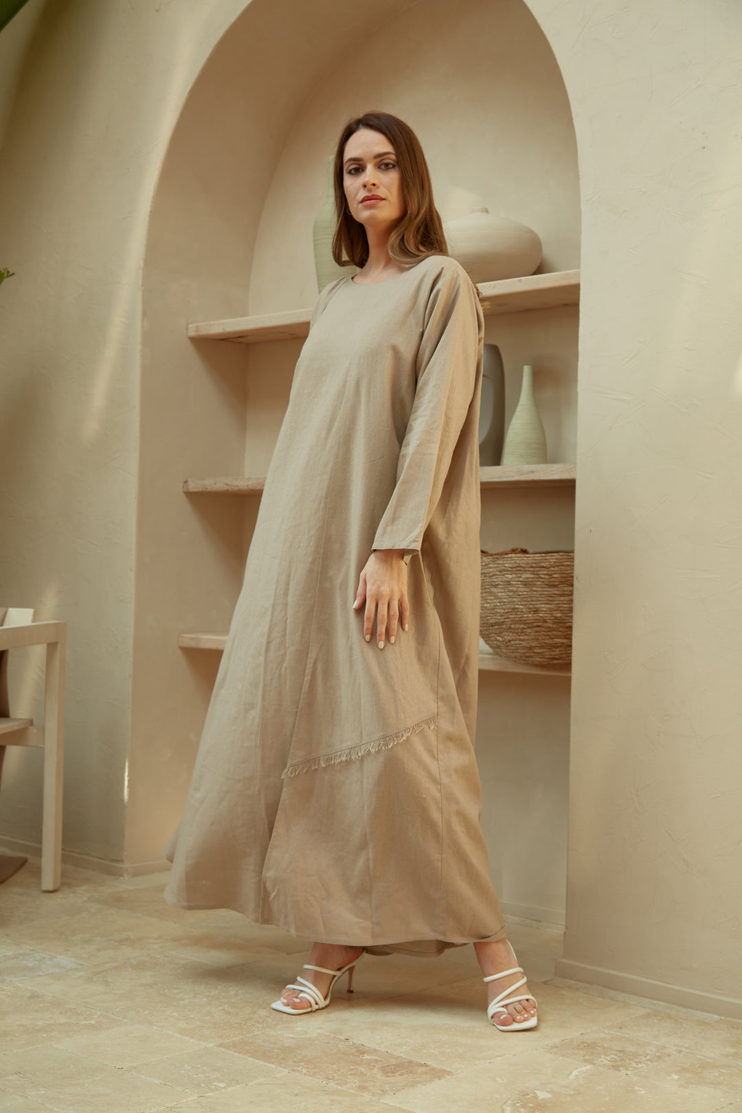 Beige-Linen-Threaded-Abaya-Set