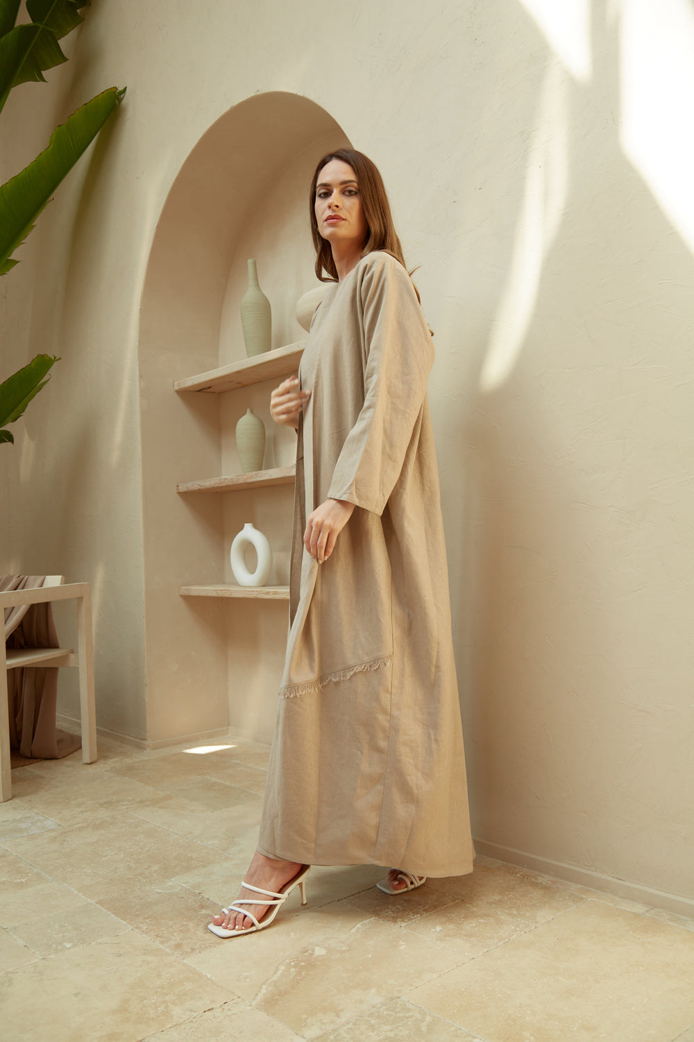 Beige-Linen-Threaded-Abaya-Set