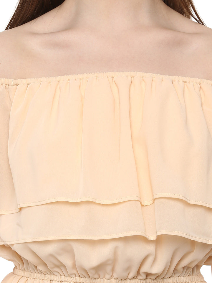 Beige-Poly-Georgette-Off-Shoulder-Dress