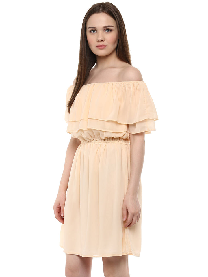 Beige-Poly-Georgette-Off-Shoulder-Dress