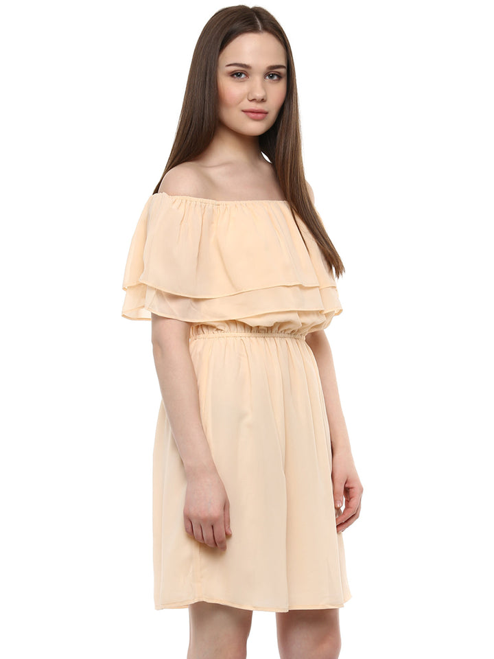 Beige-Poly-Georgette-Off-Shoulder-Dress