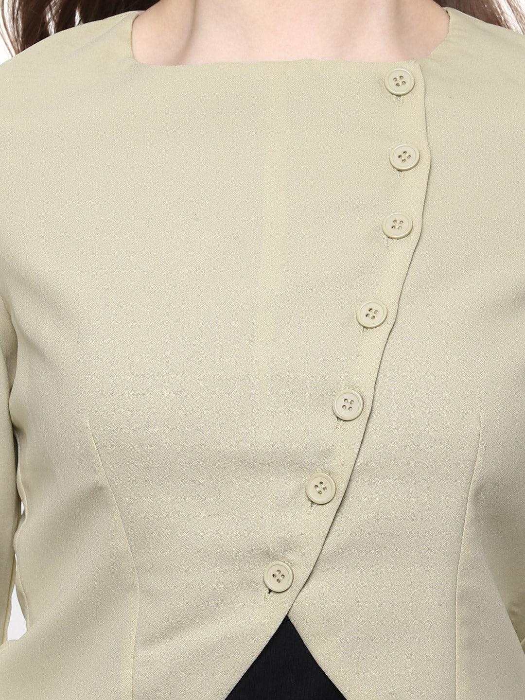 Beige-Polyester-Buttons-Blazer-Jacket-
