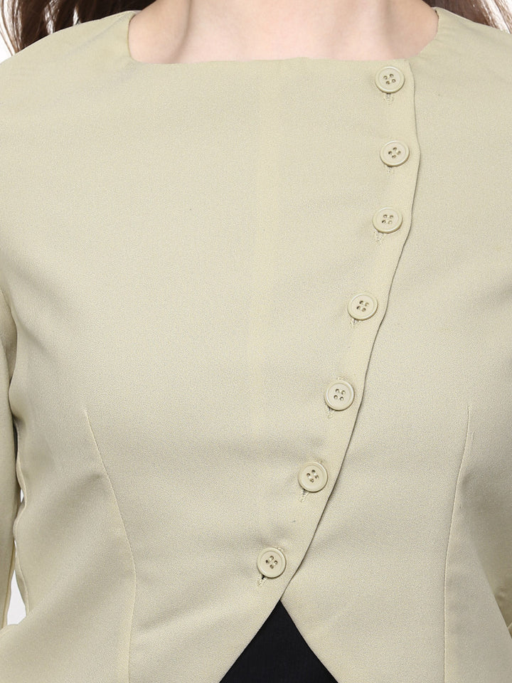 Beige-Polyester-Buttons-Blazer-Jacket-