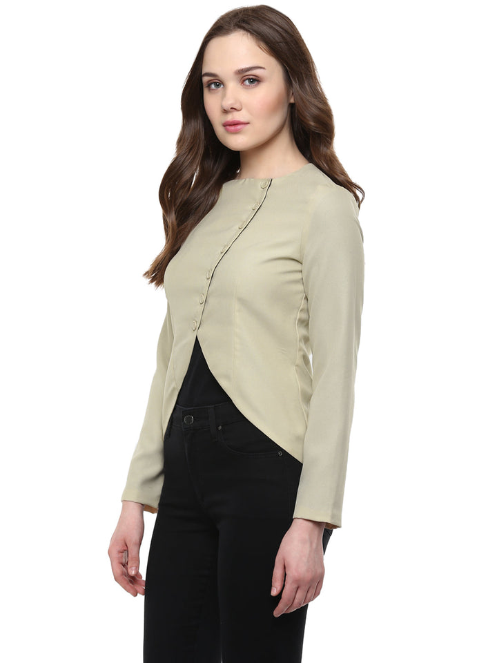Beige-Polyester-Buttons-Blazer-Jacket-