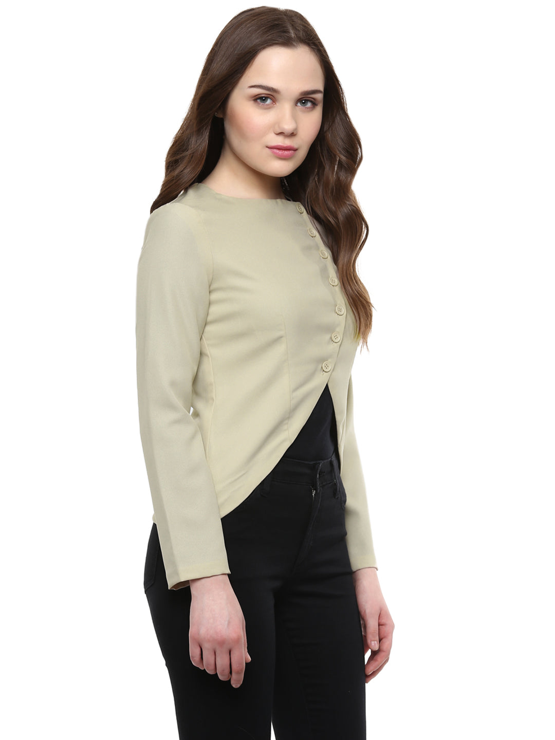 Beige-Polyester-Buttons-Blazer-Jacket-