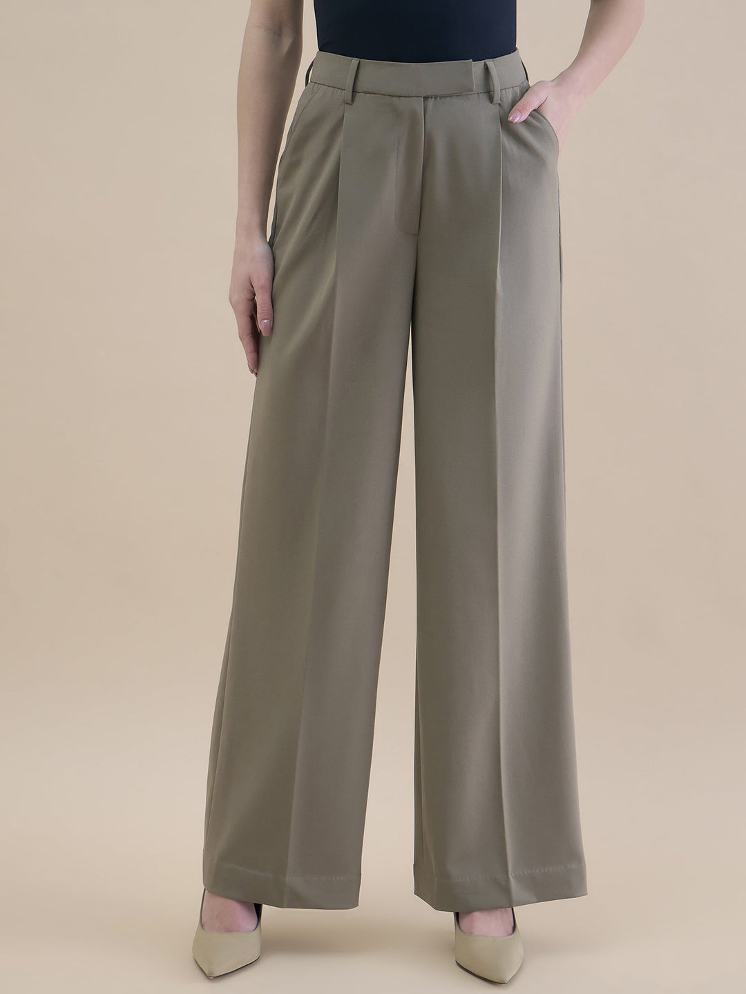 Beige-Polyester-High-Waist-Stretchable-Trouser