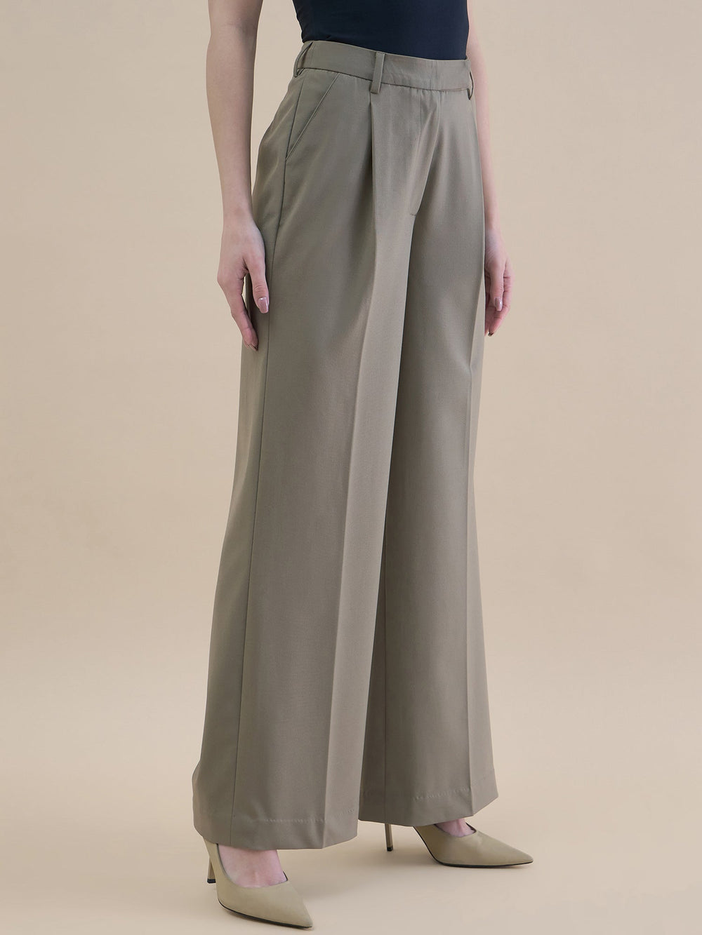 Beige-Polyester-High-Waist-Stretchable-Trouser