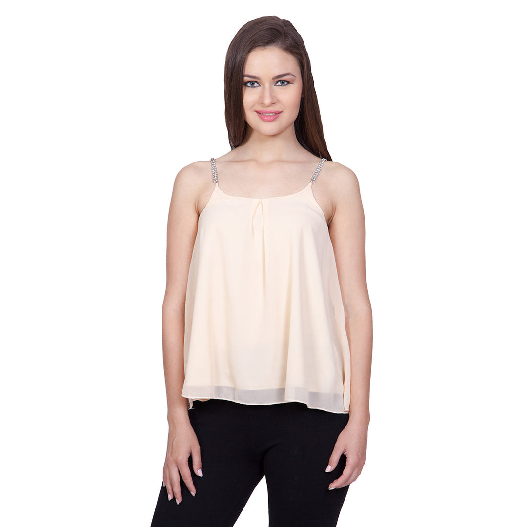 Beige-Polyester-Embellished-Strap-Top