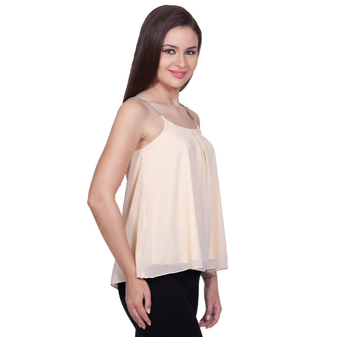 Beige-Polyester-Embellished-Strap-Top