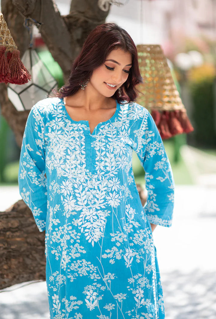 Bella-Blue-Mulmul-Three-Fourth-Sleeves-2-Piece-Kurta-Set