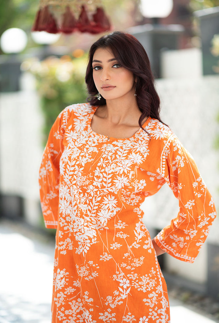 Bella-Orange-Mulmul-Embroidered-2-Piece-Kurta-Set