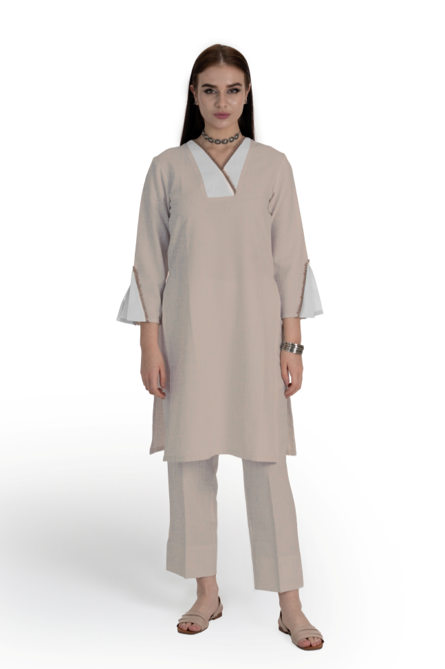 Biege Linen Poly Adha Kurta & Pant Set