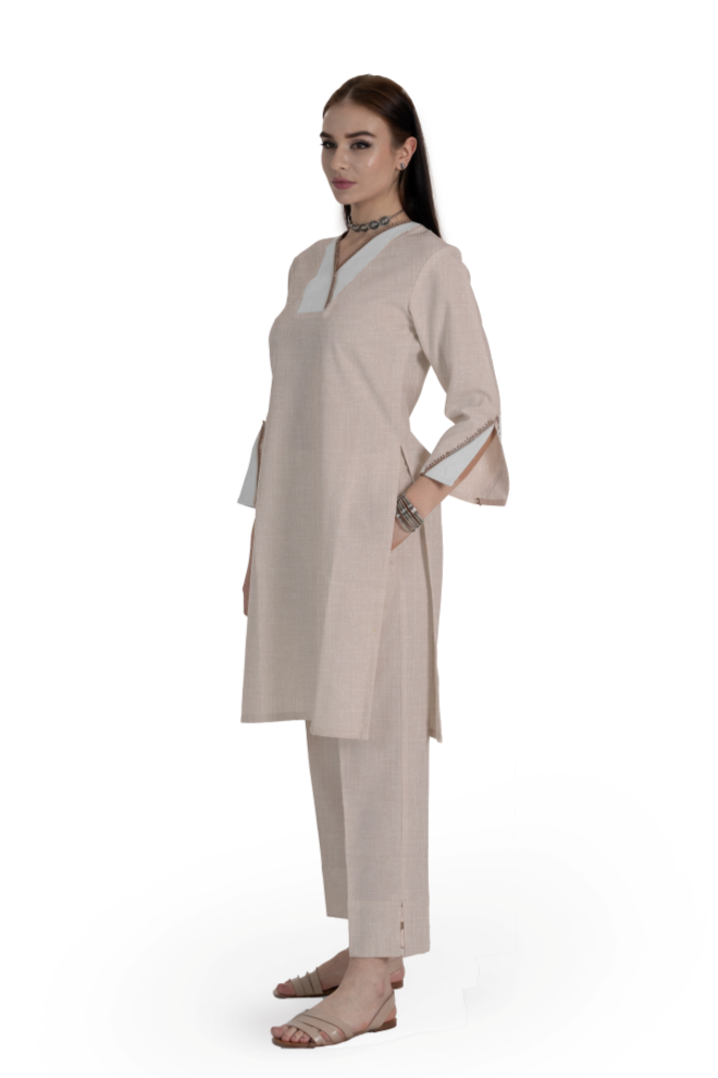 Biege Linen Poly Adha Kurta & Pant Set
