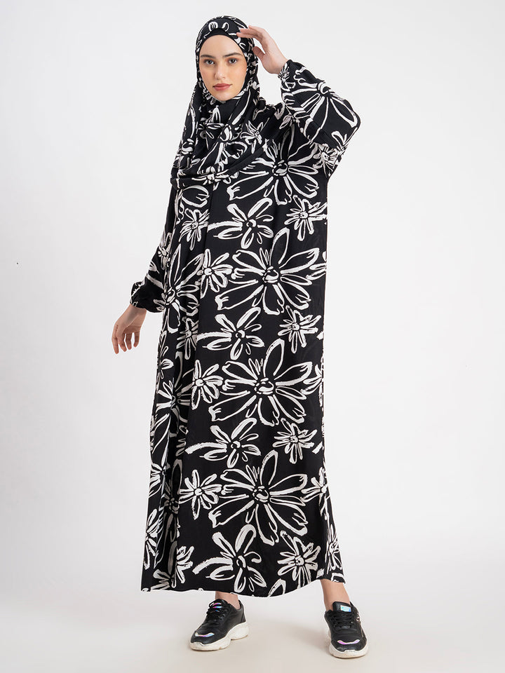 Black 100% Viscose Printed Prayer Abaya Gown