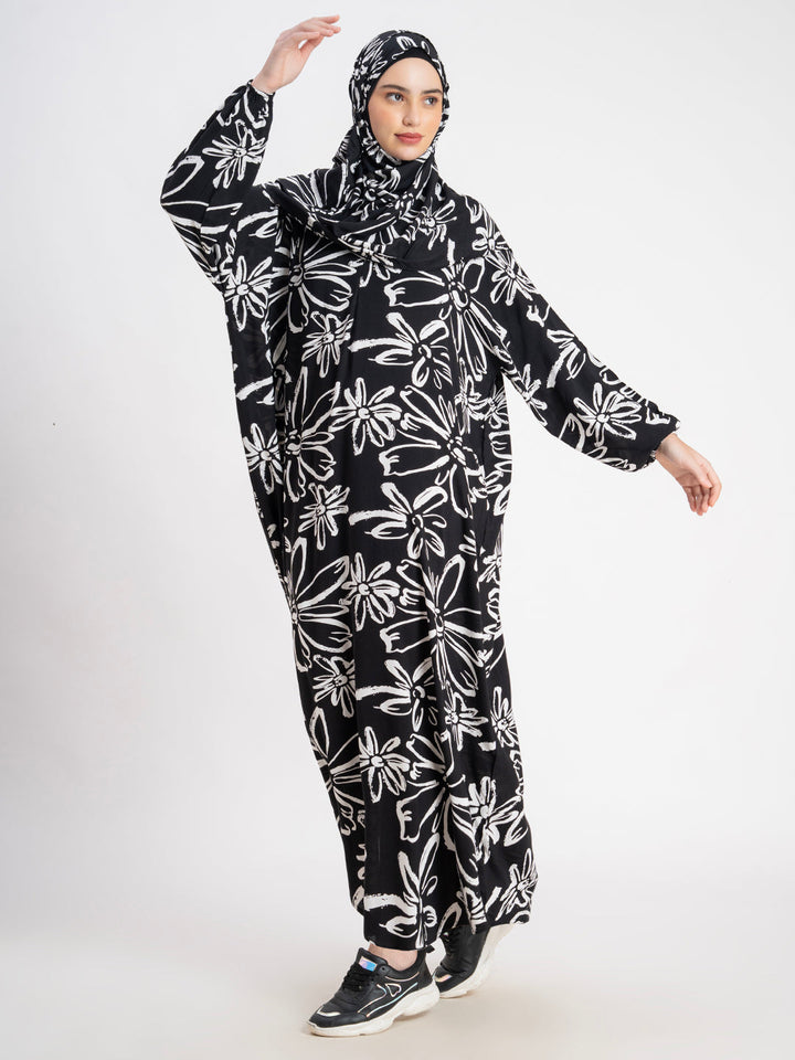 Black 100% Viscose Printed Prayer Abaya Gown